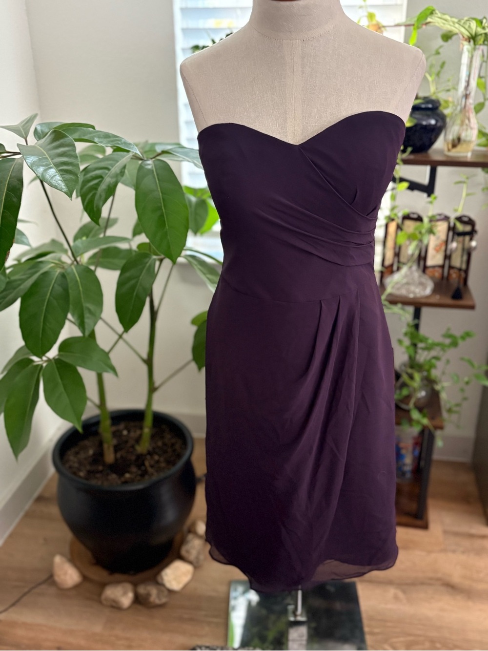 Bill Levkoff Strapless Sweetheart MIDI Dress in Plum With Flat Pleats in Skirt